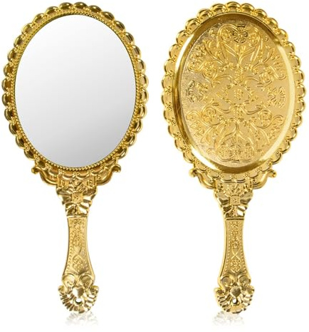 YUSONG Vintage Handheld Mirror for Makeup - Travel Handle Mirrors for Women Gold Embossed Flower Portable Princess Mirror Tabletop Party Classroom