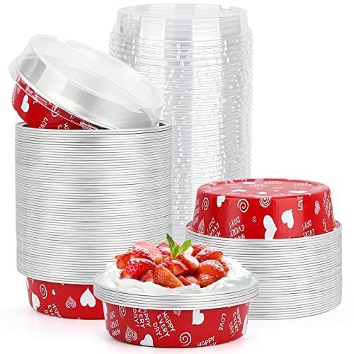 Beasea Mini Pie Pans with Lids Disposable, Set of 100 Pack 4” 8oz Red Aluminum Baking Foil Tins Small Round Tart Container for Individual Cupcake Cheesecake Ramekin Dessert Muffin Quiche Oven Dishes