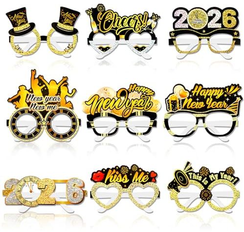 HOWAF 18 Silvester Brille 2026, Glitzer Happy New Year Partybrille Papier Frohes Neues Jahr Brillen, Neujahr Brillen Foto Requisiten für Silvester Deko 2026, Happy New Year Deko, Schwarzes Gold
