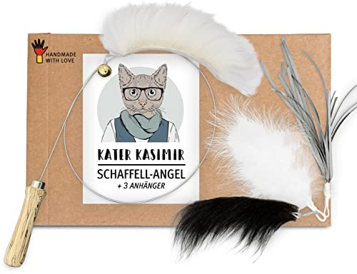 Katzenangel Katzenspielzeug | Stabiler langer Draht mit 4 Anhängern zum Wechseln mit Federn, echtem Leder, Bändern | Liebevolle Handarbeit aus Deutschland | Natürliches Katzenspielzeug für Katzen