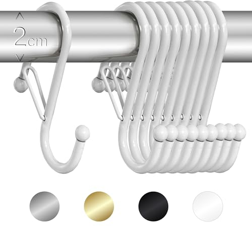 Blau Marité Pack de 10 Ganchos en S para Colgar – Ganchos en Forma de Ese con Cierre Anticaída para Cocina, Baño, Armario y Almacenaje – Gancho para Barras de hasta 2 cm Diámetro – Blanco