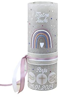 Cerziies® Taufkerze Rustik FINJA Junge oder Mädchen mit Name und Datum, individuell und handverziert 1843, Variante:Glasteelichteinsatz