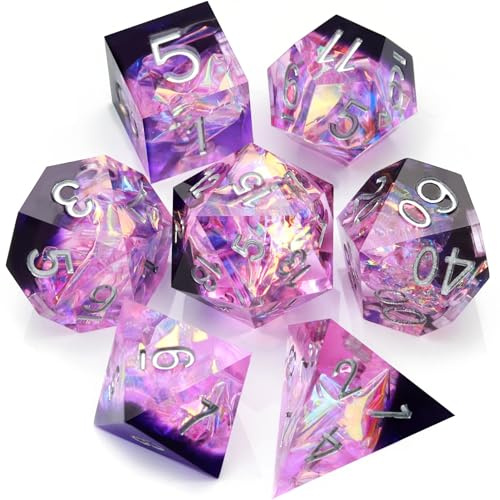 Haxtec Resin D&D Würfel Set scharfkantig handgefertigt | Violett-Schwarz mit schillernder Mylar-Folie Würfel mit Metal Box, Geschenk für TTRPG, DND Spieler & Dungeon Master