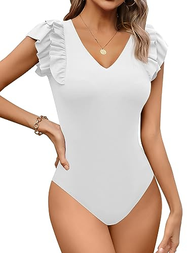 Missufe Elegant Rüschen V Ausschnitt Body Damen Kurzarm Sommer Oberteil Top (Weiß, Mittel)