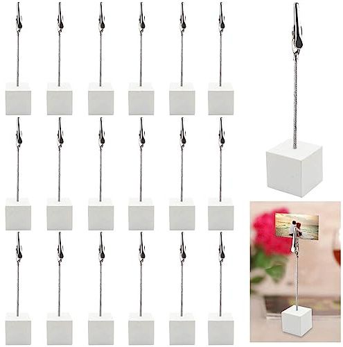 Memohalter 20 Stück Bilderhalter mit Clips Holz Kartentisch Vertikale Notiz Quadrate für Foto Büro Hochzeit Party Dekoration, Weiß