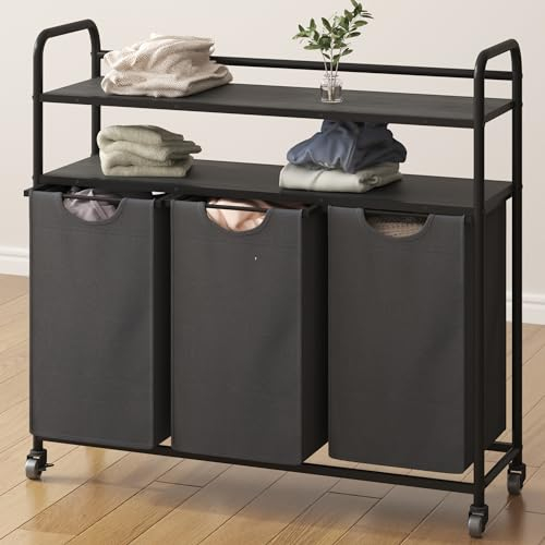 Hzuaneri Wäschekorb 3 Fächer, 3 x 46L, Wäschesammler mit 2 Ablagen, Wäschesortierer, Wäschesack ausziehbar und abnehmbar, pro Tasche 46 Liter, für Badezimmer, Waschküche, grau LB08604B