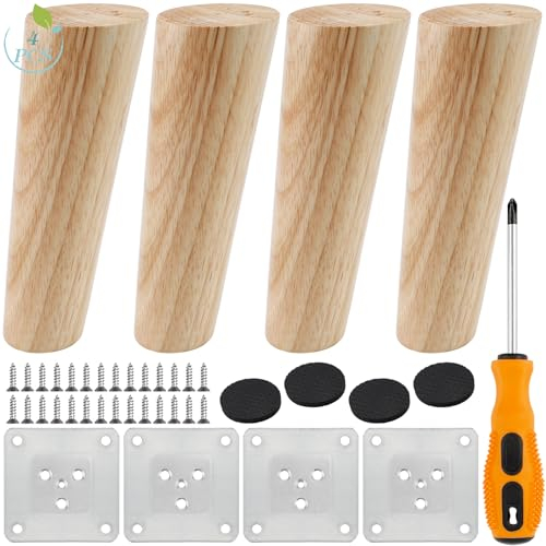 ELICNA 4Stück Möbelfüße Holz Tischbeine 15cm Rund Möbelbeine Schrankfüße Sofafüße mit 4X Montageplatten,28x Schrauben 1x Schraubendreher Gummipads für Bett Tische Couch Stühle,HJY-4jiajujiao15-1113