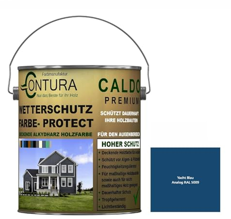 Contura Wetterschutzfarbe 500ml. Holz Dauerschutzfarbe Deckend Buntlack Holzfarbe Holzlasur Seidenmatt (Yacht Blau - RAL 5009 Analog)