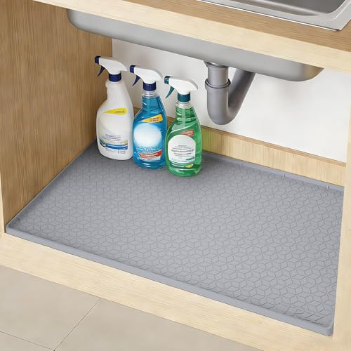 TRZZ Silicone Waterproof Under Sink Mat 22 x 19, Drip Tray and Cabinet Liner for Kitchen and Bathroom, Prevents Water Damage and Organizes Cabinets (Grey)