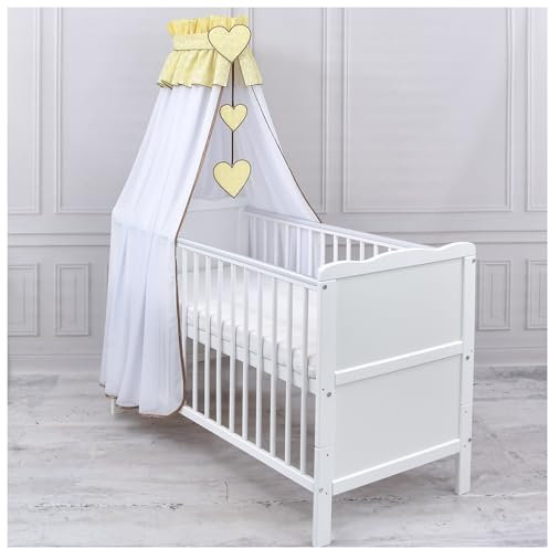 Generisch Baby Delux Babybett Himmel Betthimmel Chiffon Baldachin für Babybett Kinderbett Wiege Stubenwagen Himmelstange Applikationen Herz Deko (Blümchen Gelb, mit Himmelstange)