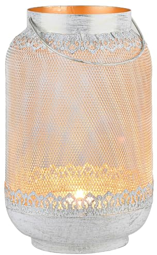 Marrakesch Boho Deko Windlicht Laterne 32cm aus Metall in weiß | Teelichthalter als Tischdeko Wohnzimmer Deko | Kerzenhalter Windlichter Edna als Balkon Terrasse & Garten Aesthetic Gartendeko