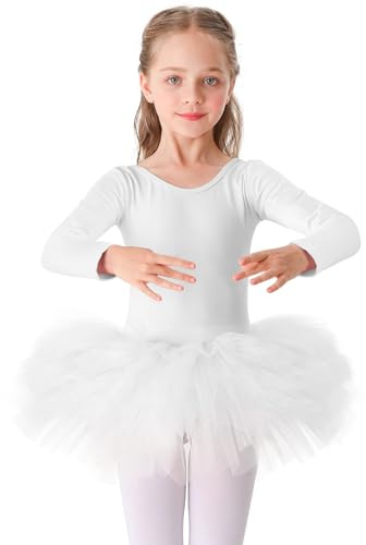 Bezioner flickor balett-tutu klänning bomull dans trikåer med kjol långärmad ballerinakläder, Vitt, 100 cm