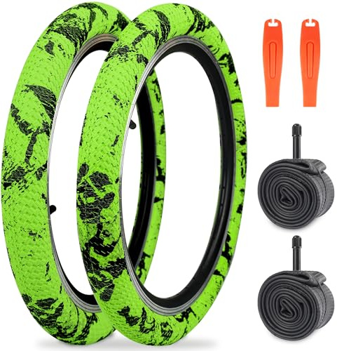 WEEROCK 20 Inch Bike Tire Kid Bike Tires (56-406) 2 Pack 20 x 2.1 Folding Bead Replacement Tyre with 20In Inner Tubes for 20 Bicycles, Child Bike, MTB, Mountain Bike, BMX, Green-Yellow Black