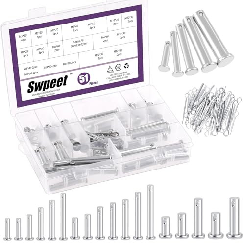 Swpeet 51Pcs 18 Size M5 M6 M8 M10 M12 Zinc Plated Clevis Pins with Cotter Pin Assortment Kit, Single Hole Flat Head Clevis Pins Split Pins Hairpin Cotter Pin Fitting Hole Location Pin Clips Fastener