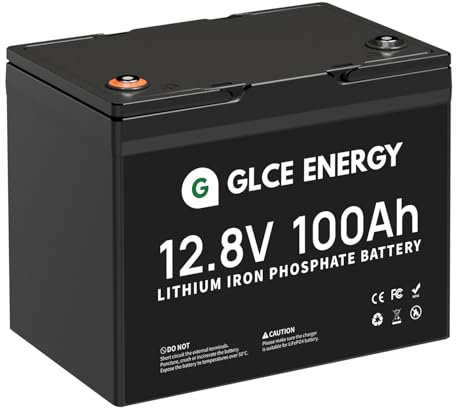 GLCE ENERGY Batterie Lithium 12V 100Ah, petite taille, BMS 100A, cellules au lithium fer phosphate de grade A, 4000~15 000 cycles, pour Camping-Car Bateau Hors Réseau Bateau Caravane Solaire