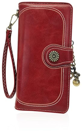 AfitLulu Geldbörse Damen Groß Geldbeutel mit Abnehmbarem Armband und Retro Metall Anhänger, Portemonnaie aus Leder mit Multikartenfach und ID-Fenster (Rot)