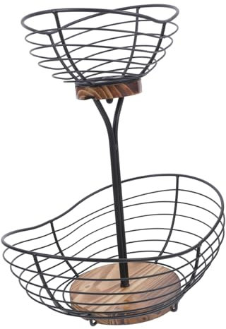 OKUMEYR Cesto Portafrutta Multistrato in Ferro e Legno, Fruttiera Nera da Tavolo per Cucina, Porta Banane e Snack, Cestino Decorativo in Filo Metallico per Superficie Grande