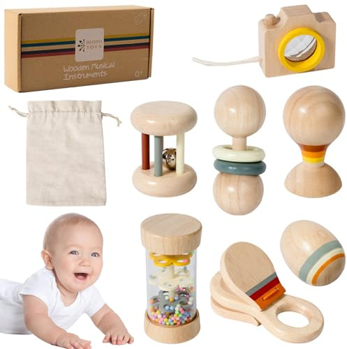 Holzbaby Rassle 7pcs/Set Bio natürliches Baby Rassel mit Regenstift, Handglocke, Sandball und mehr, Montessori Holz für Jungen und Mädchen Geburtstagsgeschenk