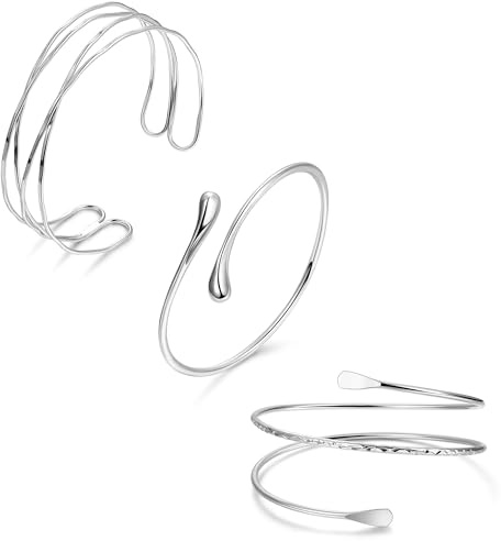 YOVORO 3Pcs Arm Cuff for Women Boho Coil Arm Cuff Bangle Set Adjustable Minimalist Gold Coil Upper Arm Bracelet Silver B