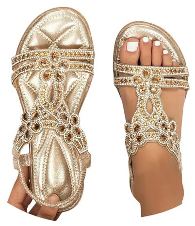 Sandali Donna Estive Eleganti Piatto Comodi Sandali con Strass Zeppa Bassi Moda Boho Sandalo Argento Gioiello Cerimonia Scarpe Estivi Aperta Ortopedici Spiaggia Mare Antiscivolo Gomma Suole 2025