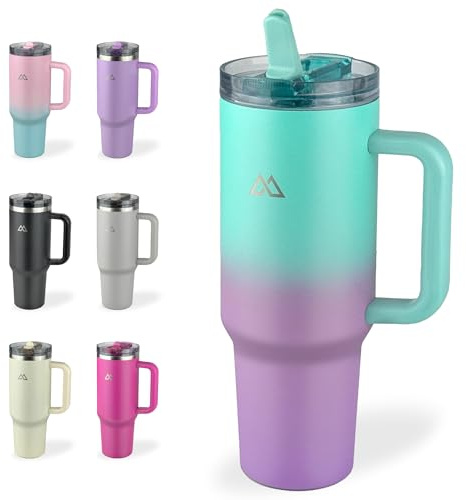 MIXOLOGIC 1.2L Flip Straw Tumbler with Handle Lid – 40oz Stainless Steel Vacuum Insulated Double Walled Cup – Leakproof Thermal Travel Coffee Mug, Flask for Hot & Cold Drinks Bottle (Purple Green)