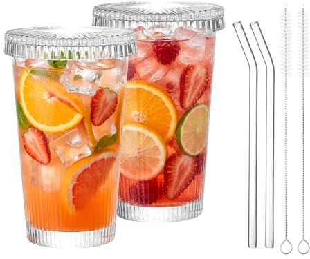 Haayymo 2Pcs 375ml Ribbed Glass Cups with Bamboo Lids and Straws, Set of 2 Glass Tumblers Iced Coffee Glasses, Reusable Clear Drinking Glasses for Iced Coffee, Ideal Wavy Cups with Straws