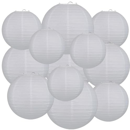 White Paper Lanterns Set (12Pcs) Round Hanging Paper Lanterns for Children's DIY Activities Wedding, Bridal, Outdoor, Garden, Home, Party Decorations