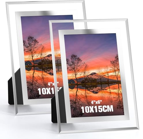 Acrrynii 2 Stück Bilderrahmen 10x15 Glas, Fotorahmen 15x10 für Tischaufsteller, Glasbilderrahmen für 10x15 cm Fotos und Bilder, Modern Silber Glasrahmen für Hochzeiten, Häuser, Büros