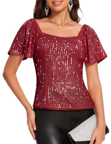 DRESSTELLS Women's Sparkly Tops Short Sleeve Glitter Square Neck Party Blouses for Wedding Guest Ruffle Shirts Burgundy M