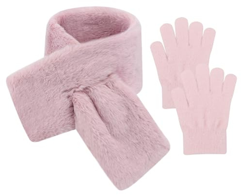 Ensemble écharpe et gants pour enfants Écharpe douce et mignonne pour filles Gants pour enfants Accessoire thermique et chaud pour l'hiver pour les 3-12 ans (Rose)