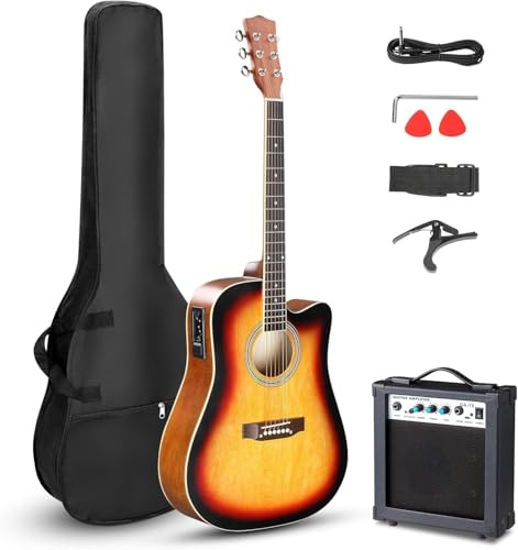 LALAHO Full-Size Electro Acoustic Guitar with 10W Amp for Beginners, Sunset | 4/4 Basswood Body Electric Acoustic Guitars Kit, Included Bag, Strap, Tuner and Capo for Gig, Travel, Practice