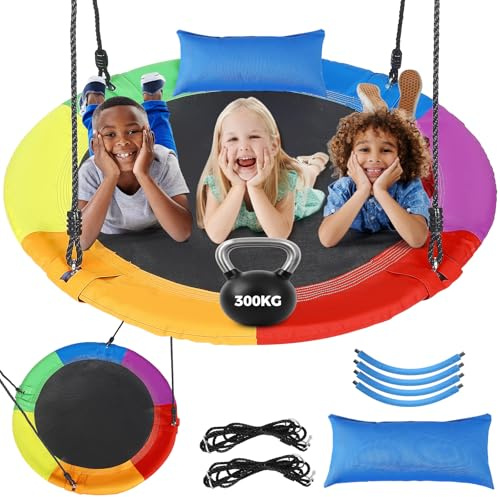 Lischwert Columpio nido con cojín, columpio infantil con cuerda ajustable de 120 – 177 cm, columpio para árbol de hasta 300 kg, columpio para interior y exterior, multicolor (color redondo, 100 cm)