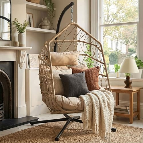Blisswood Swing Egg Chair for Indoor & Outdoor - Hanging Rattan Egg Chair with Cushion, Foldable Hammock Wicker Pod Chair for Garden, Bedroom, Patio or Balcony - Upto 150kg Weight Capacity (Natural)