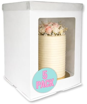 8 Tall White Cake Boxes with Clear Lid & Full Display Window (5 Pack) | Extra-Tall Cake Box for Professional Presentation of Cakes - 12 Tall With Room for Edible Toppers and Decorations