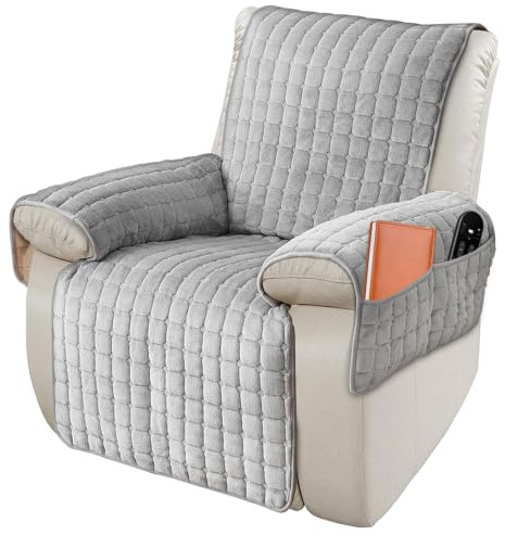 Jonuin Armchair Covers with Pockets, Non Slip Recliner Chair Cover with Elastic Strap, Soft Flannel Chair Covers for Armchairs, Washable Armchair Slipcovers, Sofa Protector for Pets & Kids (Grey)