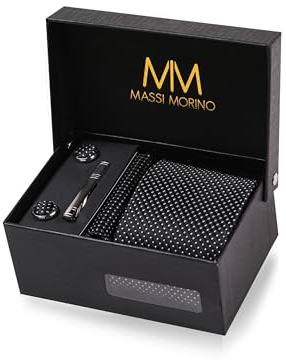 Massi Morino Cravatta Nero a Puntini e Fazzoletto da Uomo con Gemelli e Fermacravatta, Parure Set | Accessori Sposa | Cravatta Elegante con Confezione Regalo