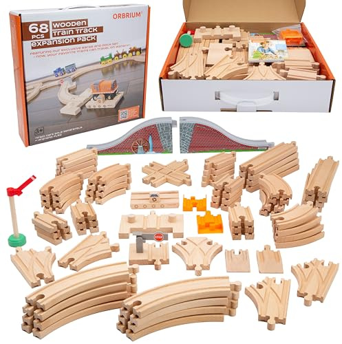Wooden Train Tracks 68 Piece Expansion Pack Accessories with Arched Bridge, Engine Barge, Dock, Stop & Go Checkpoint, Signal Pole, Cross Track Compatible with Thomas, Brio Wooden Railways ORBRIUM