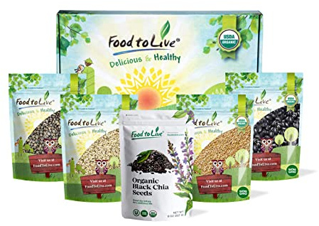 Food to Live Organic Beans & Seeds in a Gift Box – Organic White Quinoa, Hemp Seeds, Chia Seeds, Black Beans and Organic French Green Lentils