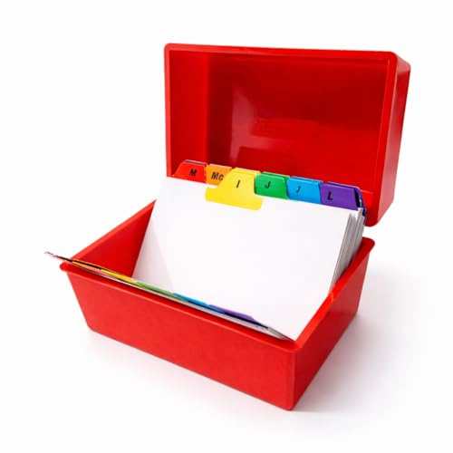 Indigo® 8x5 Index Card Box Red with A–Z Coloured Guide Cards – Durable Filing Storage Box for 8x4 Cards, Office, Home & School Organiser