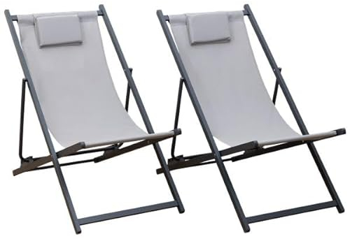Happy Garden Lote de 2 tumbonas Cyprus de textileno Gris con Estructura de Aluminio Antracita Tumbonas con cojín reposacabezas Ideal para jardín, terraza y Patio