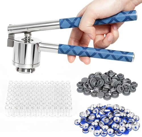 Engarzadora de viales de 20 mm + 100 viales de vidrio (10 ml) + 100 tapones de goma + 100 tapas abatibles de plástico y aluminio, engarzadora de viales abatible
