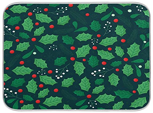 Alfombra de secado de hojas de acebo de Navidad para cocina con aislamiento de agua absorbente de vajilla, almohadilla protectora para máquina de café, 16 x 18 pulgadas