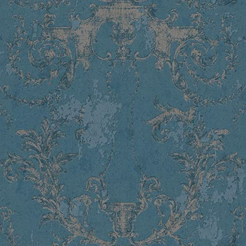 Barock- & Ornament-Tapete Vlies Barocktapete Blau Tapete für Büro Diele/Flur | Blau Silber | 10,05 x 0,53 m