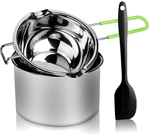 Double Boiler Pot Set, Stainless Steel Melting Pot with Silicone Spatula for Melting Chocolate, Soap, Wax, Candle Making (600ml and 1600ml,Green)