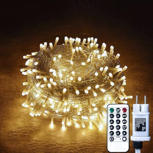 Gresonic LED-ljusslinga med 100/200/300/400 lysdioder, strömdriven med kontakt, för utomhus- och inomhusbruk, för trädgård, bröllop, jul, fest (Varmvit 8 lägen dimbar, 100 lysdioder)