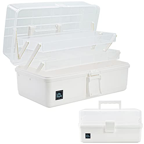 Creahaus Scatola portaoggetti per artigianato artistico, 33 cm, con 3 strati, multifunzionale in plastica con manico, per cucito, trucco, medicine, unghie, accessori per capelli per bambini