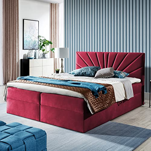 FURNISTAR Boxspringbett Doppelbett TEO - Bett mit Bonellmatratze, mit Bettkasten für Bettwäsche und Topper. Gepolsterte Kopfstütze in 3 verschiedenen Varianten (Rot, 180x200 TEO 2)