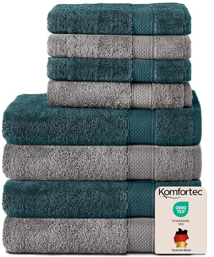 Komfortec 8er Handtücher Set, 4 Badetücher 70x140 cm & 4 Handtücher 50x100 cm, 100% Baumwolle Frottee, Flauschig und Saugstark,Anthrazitt Grau/Petrol