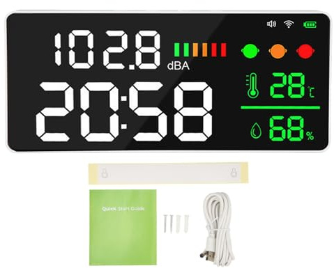 Medidor de Decibelios Oumefar 30dB-130dB, Pantalla Grande de 11 Pulgadas Medidor de Decibelios Montado en la Pared WIFI Pantalla LED Temperatura Humedad Detector de Nivel de Sonido Monitor