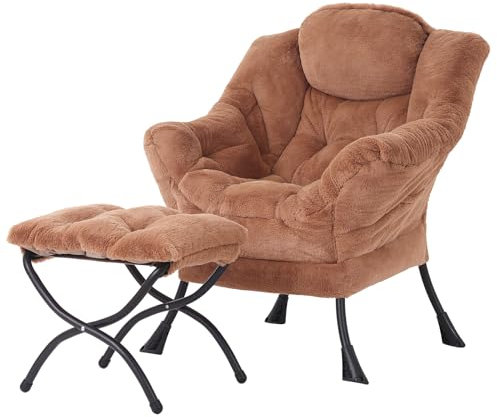 Welnow Vilstol med ottoman, modern lounge accentstol med armstöd och en sidoficka, fritid, fåtölj, lässtol med fotstöd, för små utrymmen, hörnstol, mjukt brun
